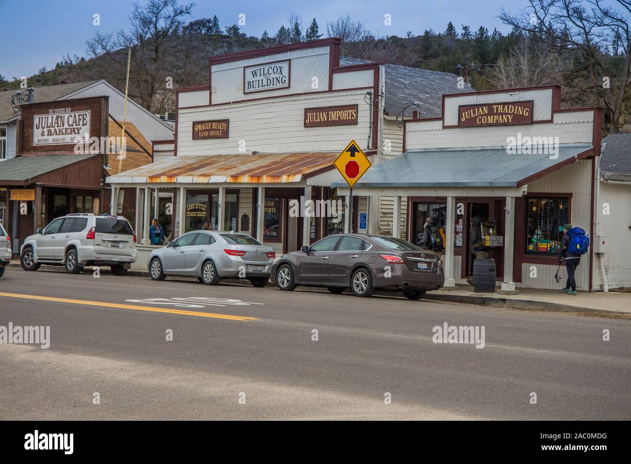 Old west quaint little shops in Julian an historic gold-mining mountain town in San Diego County in the Cuyamaca Mountains California USA. Stock Photo