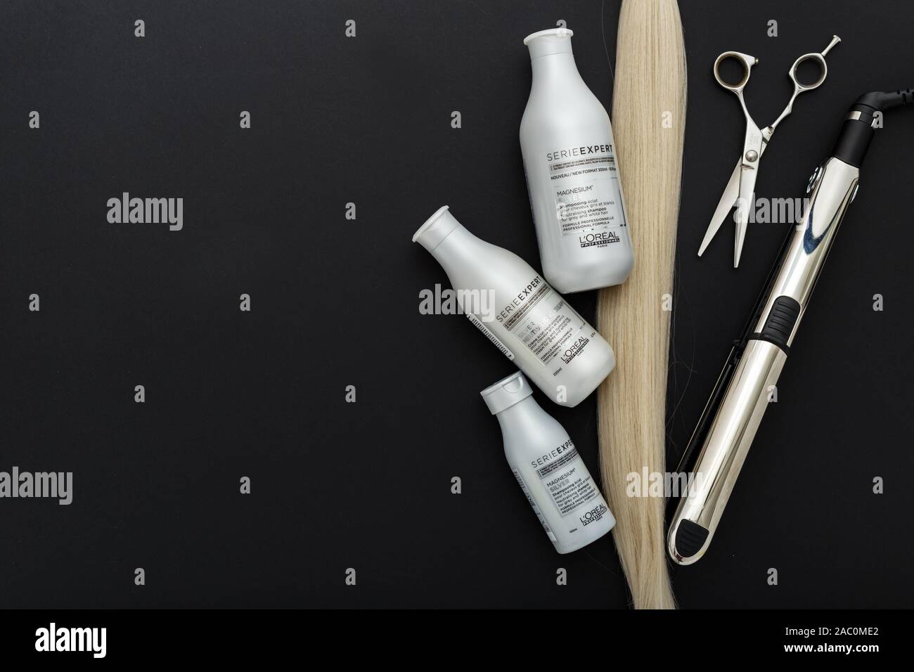 L'oreal professionnel Paris Serie Expert Silver hair professional products.Loreal shampoo cream mask for hair.Professional hairdresser scissors,hair Stock Photo