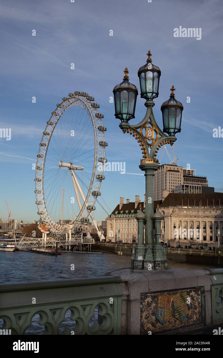 View of the London Eye on the South Bank of River Thames beside County Hall in London UK from Westminster Bridge Stock Photo