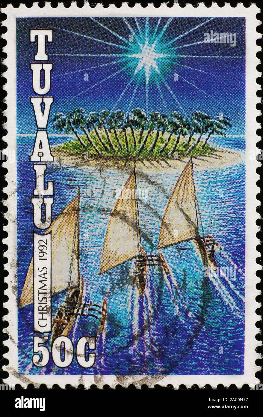 Christian nativity reinterpreted in Tuvalu islands, postage stamp Stock Photo