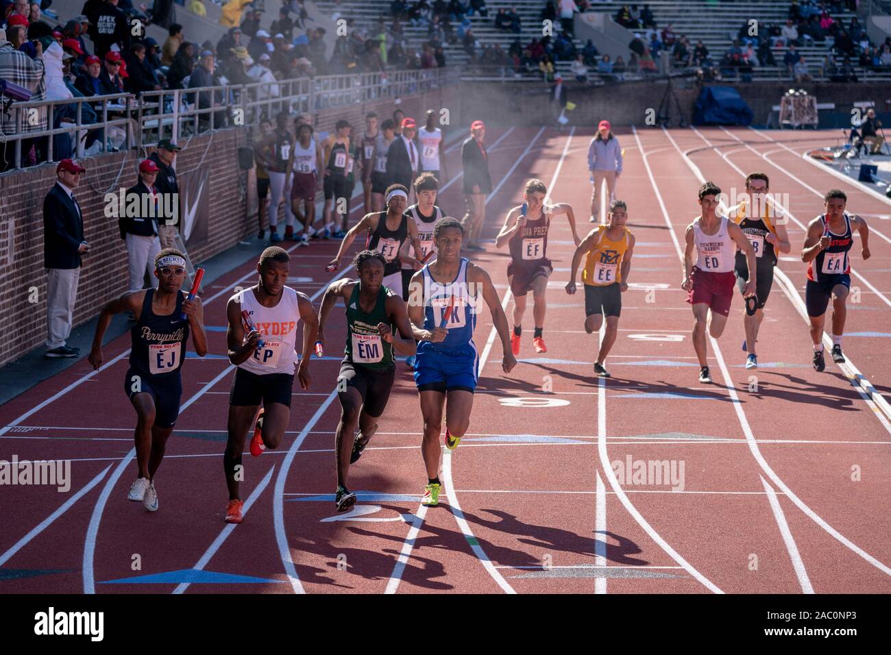 High School boys 4x400 runners competing at the 2019 Penn Relay Stock
