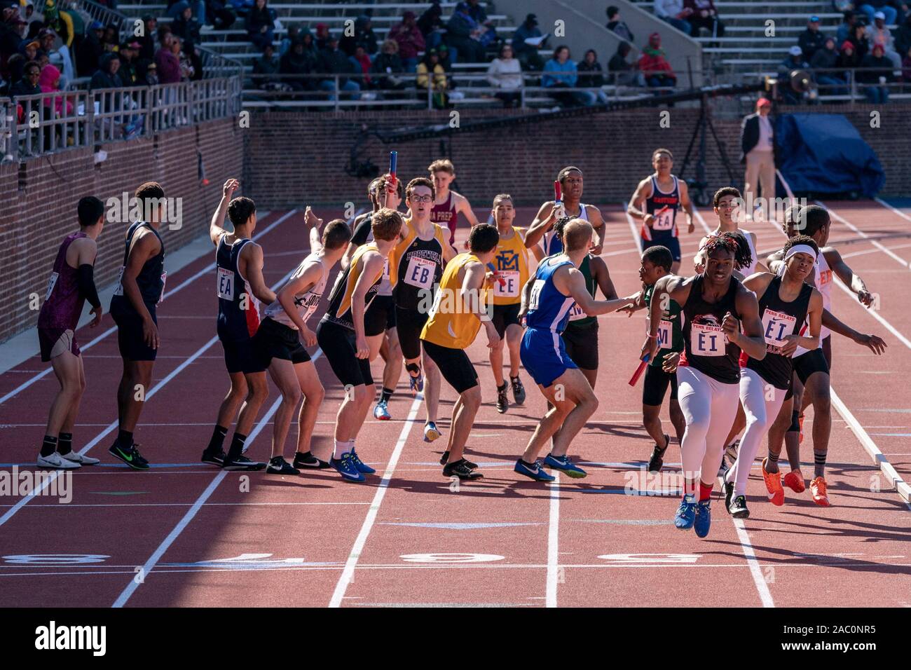 High School boys 4x400 runners competing at the 2019 Penn Relay Stock