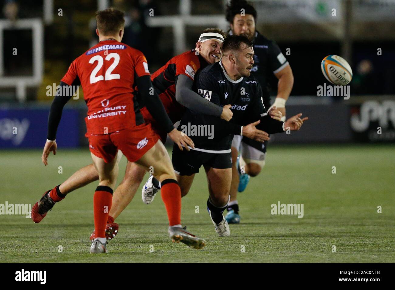 Newcastle, UK. 02nd Nov, 2019. NEWCASTLE UPON TYNE, ENGLAND - NOVEMBER 29TH George McGuigan of Newcastle Falcons offloads during the Greene King IPA Championship Cup Pool 2 match between Newcastle Falcons and Hartpury College at Kingston Park, Newcastle on Friday 29th November 2019. (Credit: Chris Lishman | MI News) Credit: MI News & Sport /Alamy Live News Stock Photo