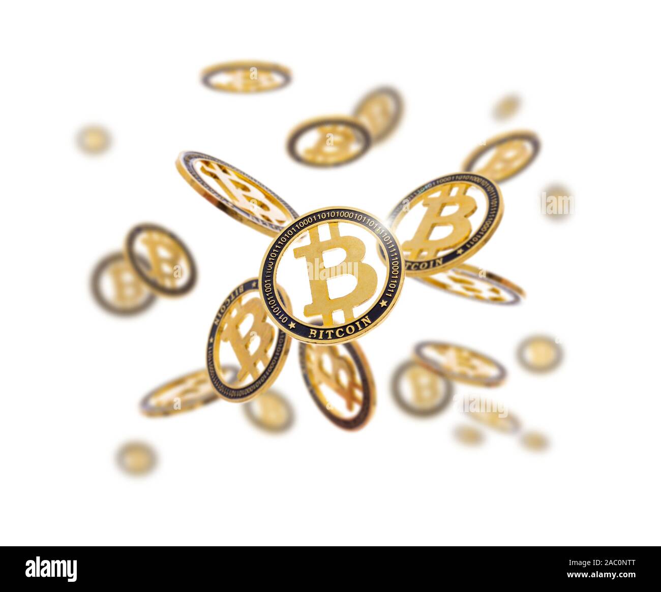 Gold cryptocoin Bitcoin explosion. Isolated on white Stock Photo