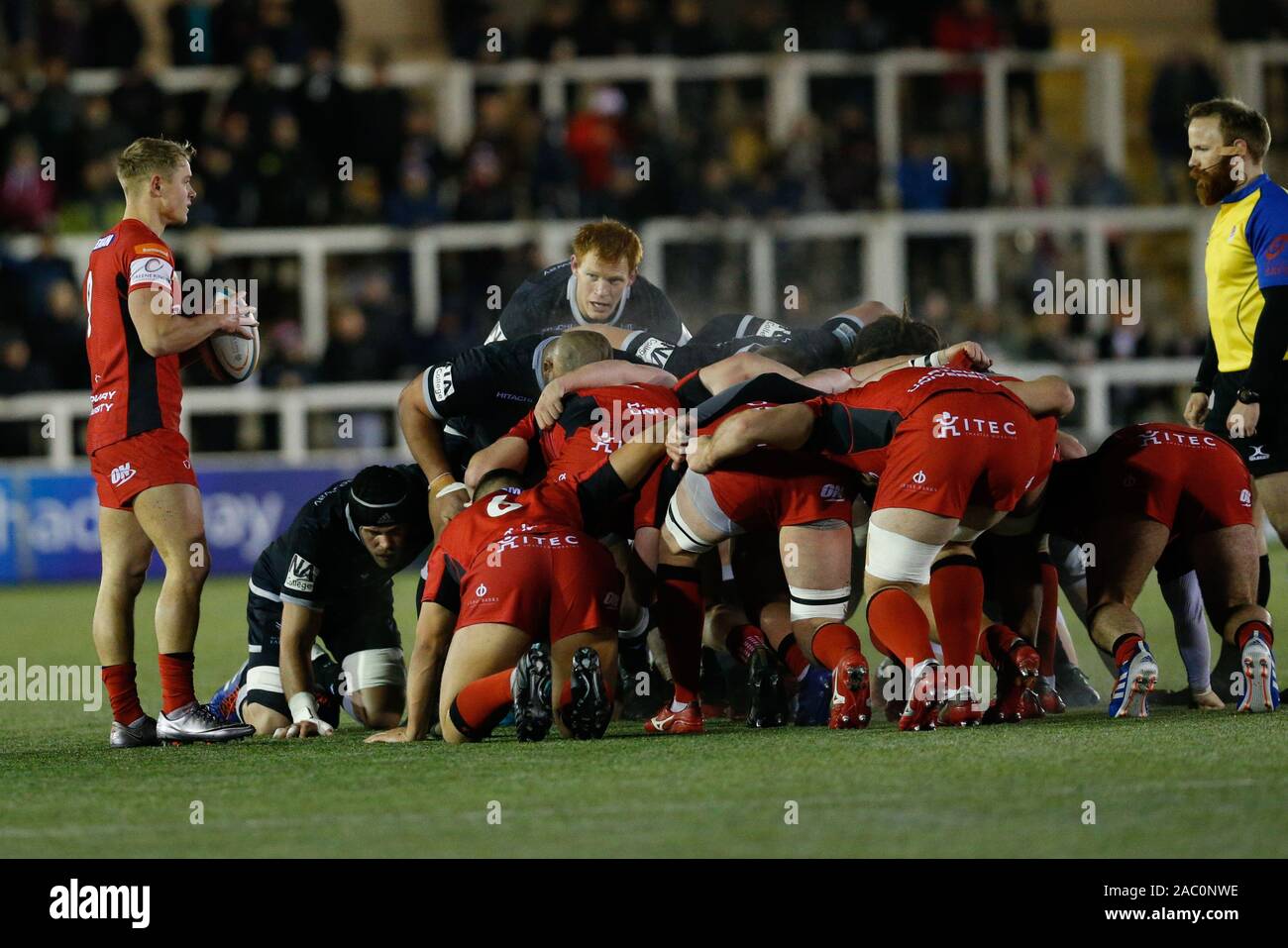 Newcastle, UK. 02nd Nov, 2019. NEWCASTLE UPON TYNE, ENGLAND - NOVEMBER 29TH Scrum action during the Greene King IPA Championship Cup Pool 2 match between Newcastle Falcons and Hartpury College at Kingston Park, Newcastle on Friday 29th November 2019. (Credit: Chris Lishman | MI News) Credit: MI News & Sport /Alamy Live News Stock Photo