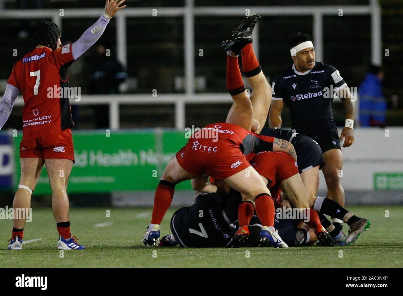 Newcastle, UK. 02nd Nov, 2019. NEWCASTLE UPON TYNE, ENGLAND - NOVEMBER 29TH A Hartpury player is upended during the Greene King IPA Championship Cup Pool 2 match between Newcastle Falcons and Hartpury College at Kingston Park, Newcastle on Friday 29th November 2019. (Credit: Chris Lishman | MI News) Credit: MI News & Sport /Alamy Live News Stock Photo