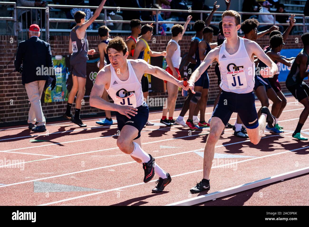 High School boys 4x400 runners competing at the 2019 Penn Relay Stock