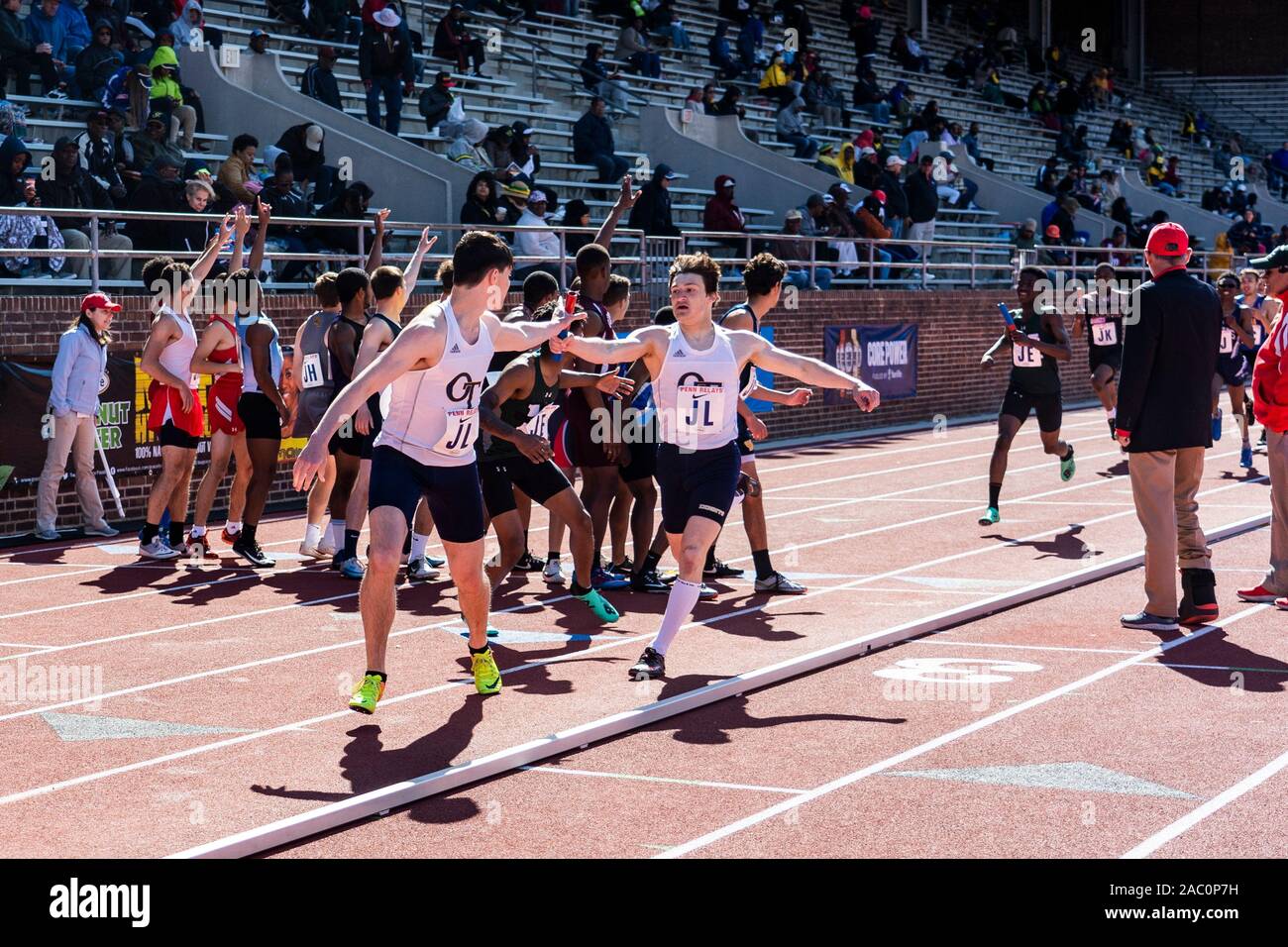 High School boys 4x400 runners competing at the 2019 Penn Relay Stock