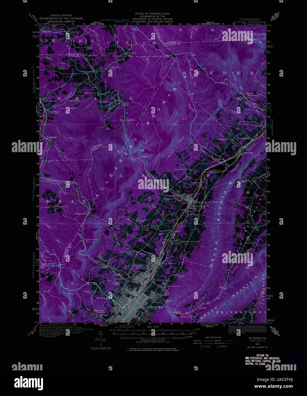 USGS TOPO Map Pennsylvania PA Altoona 167970 1920 62500 Inverted Restoration Stock Photo