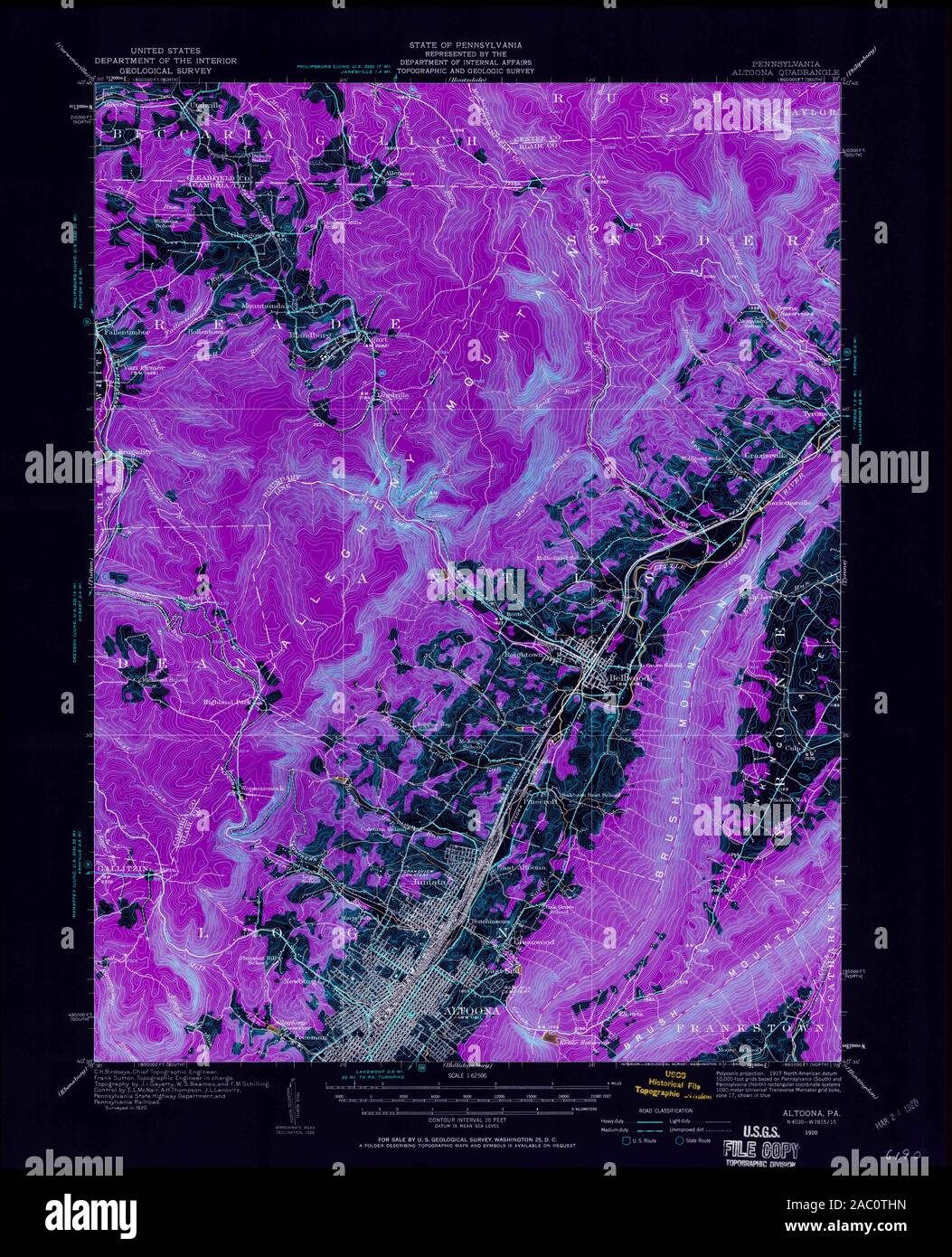 USGS TOPO Map Pennsylvania PA Altoona 167968 1920 62500 Inverted Restoration Stock Photo
