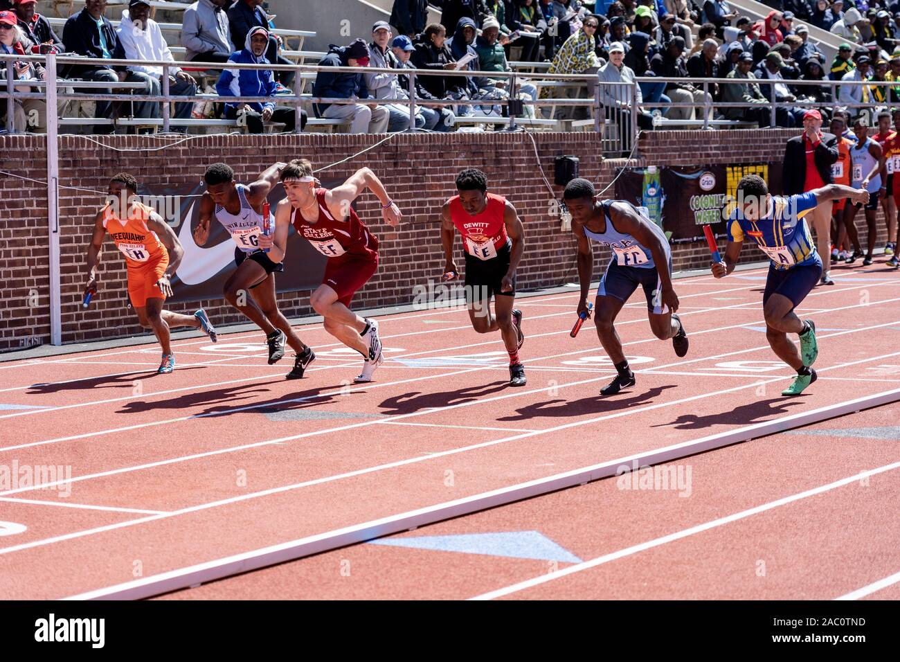 High School boys 4x400 runners competing at the 2019 Penn Relay Stock