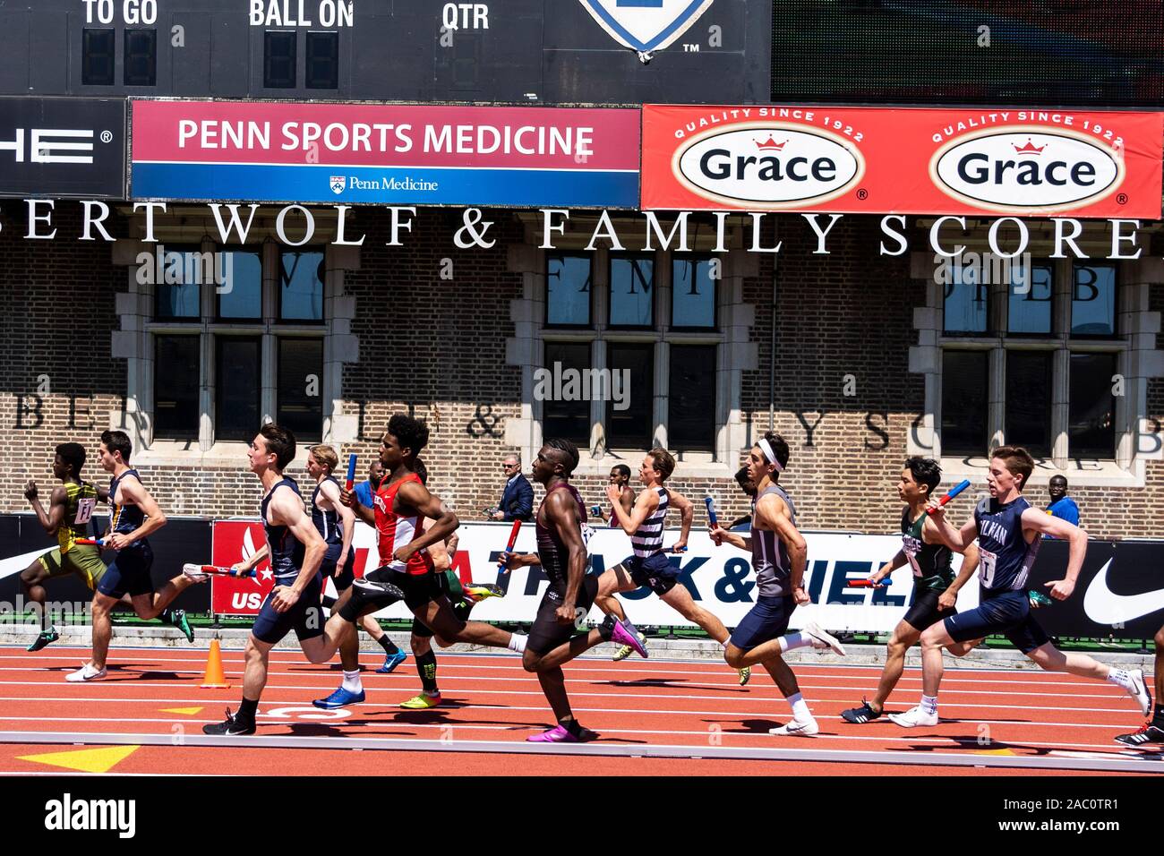 High School boys 4x400 runners competing at the 2019 Penn Relay Stock
