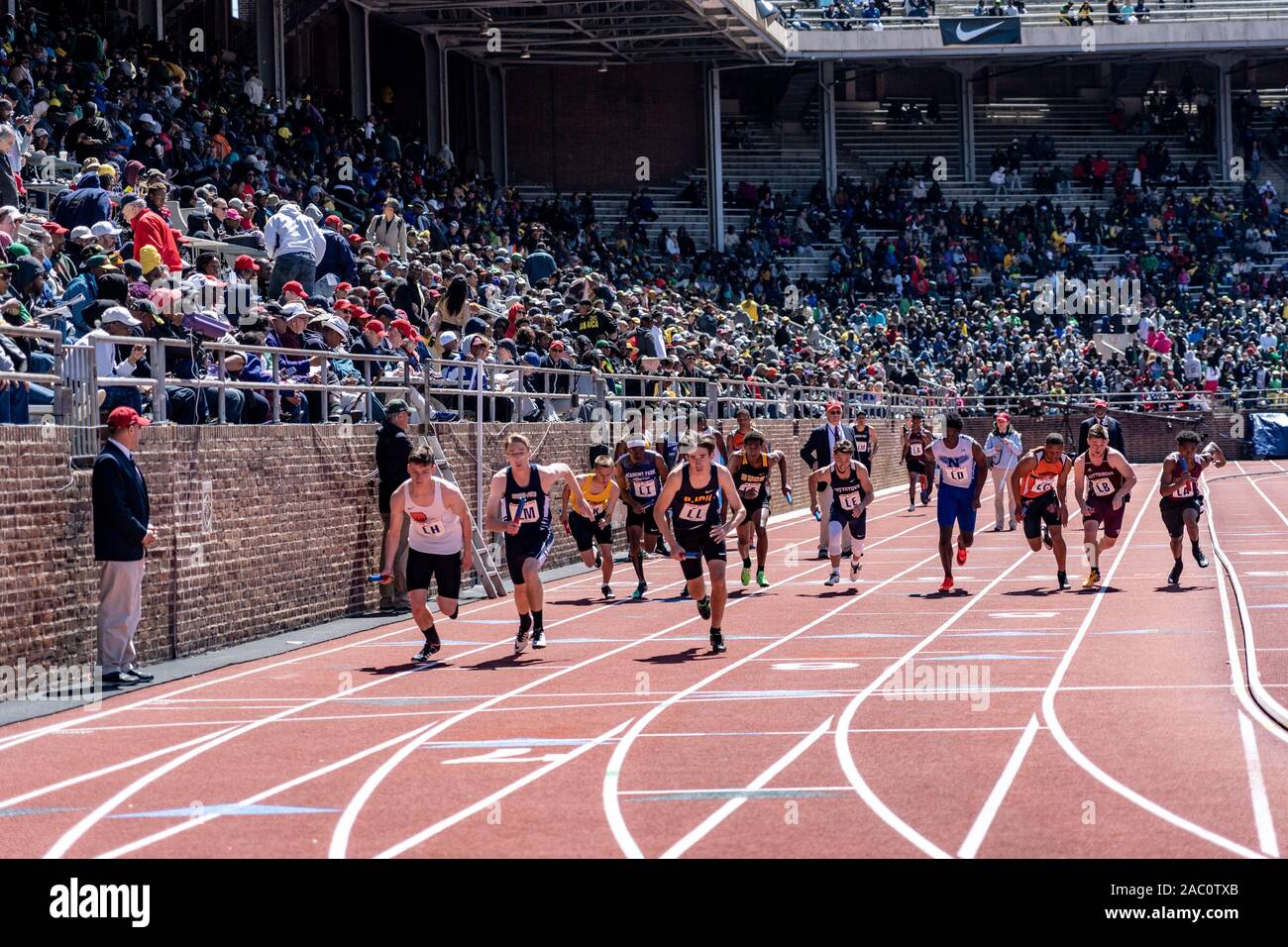 High School boys 4x400 runners competing at the 2019 Penn Relay Stock