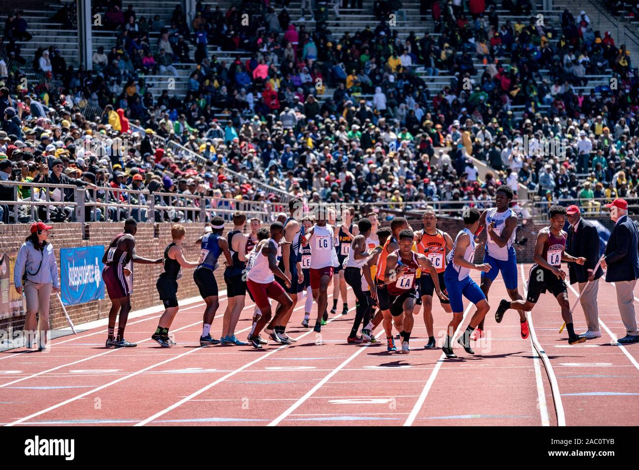 High School boys 4x400 runners competing at the 2019 Penn Relay Stock