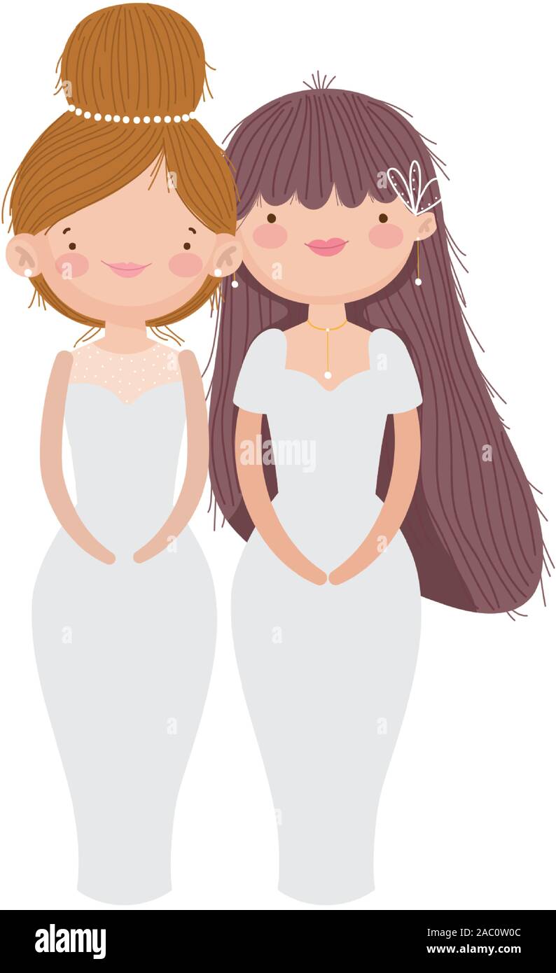 wedding brides women in elegant dress cartoon vector illustration Stock
