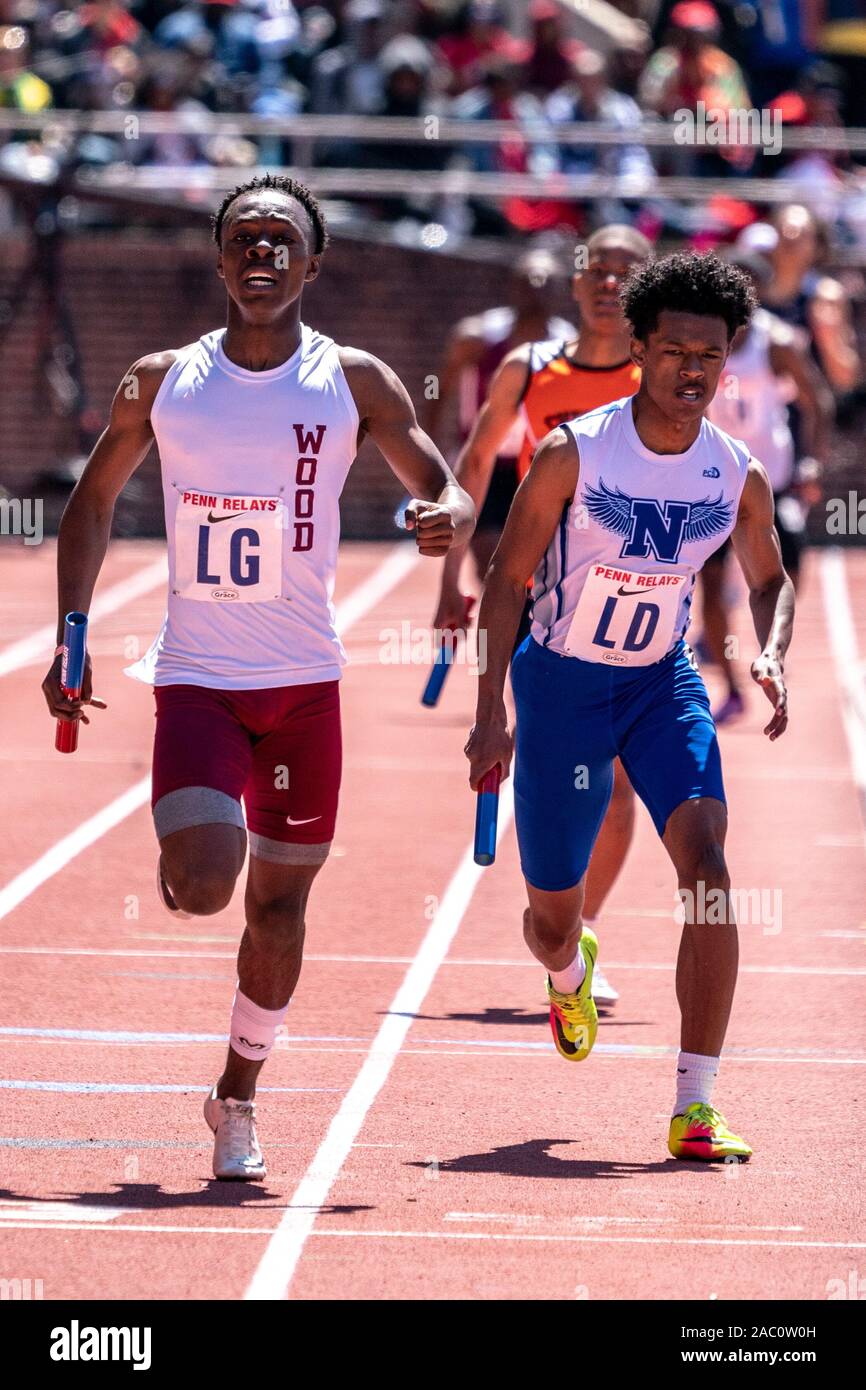 High School boys 4x400 runners competing at the 2019 Penn Relay Stock