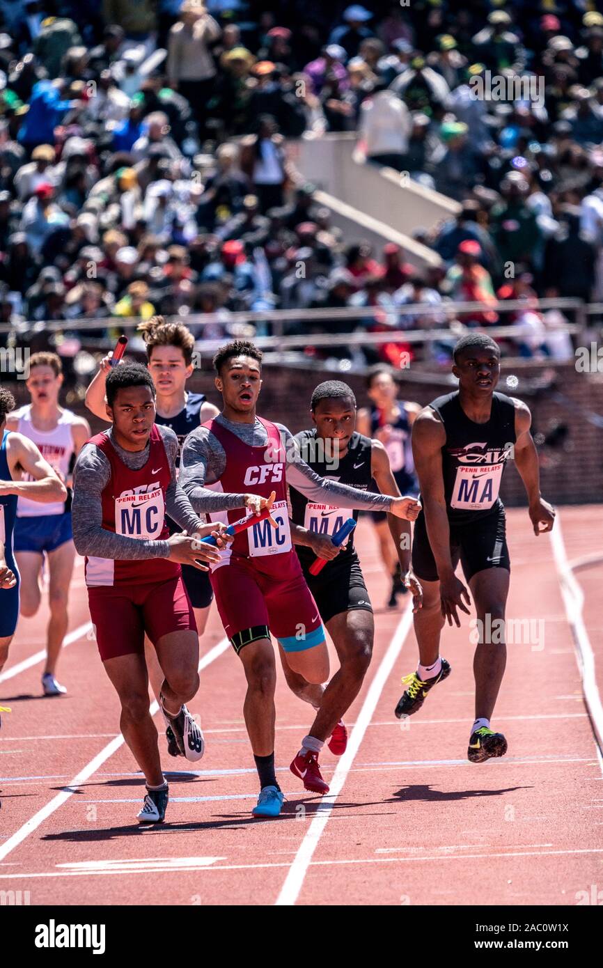 High School boys 4x400 runners competing at the 2019 Penn Relay Stock