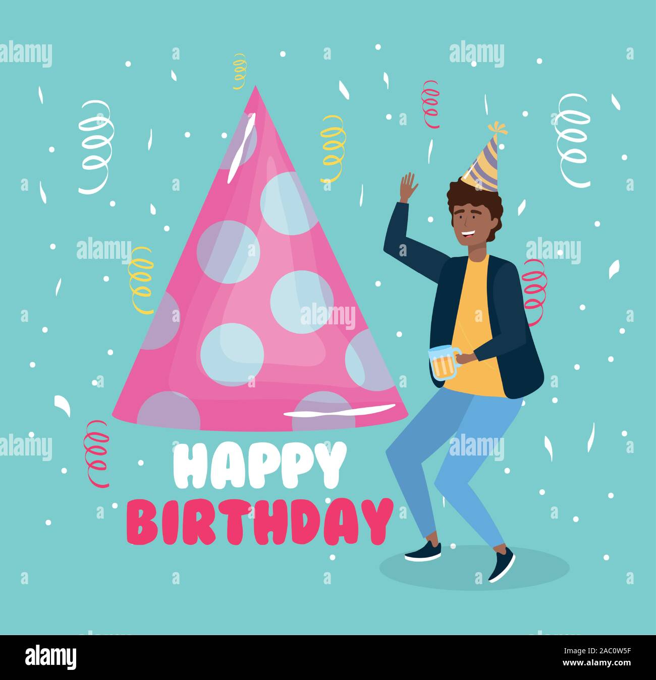 happy birthday, man with party hat beer confetti celebration event