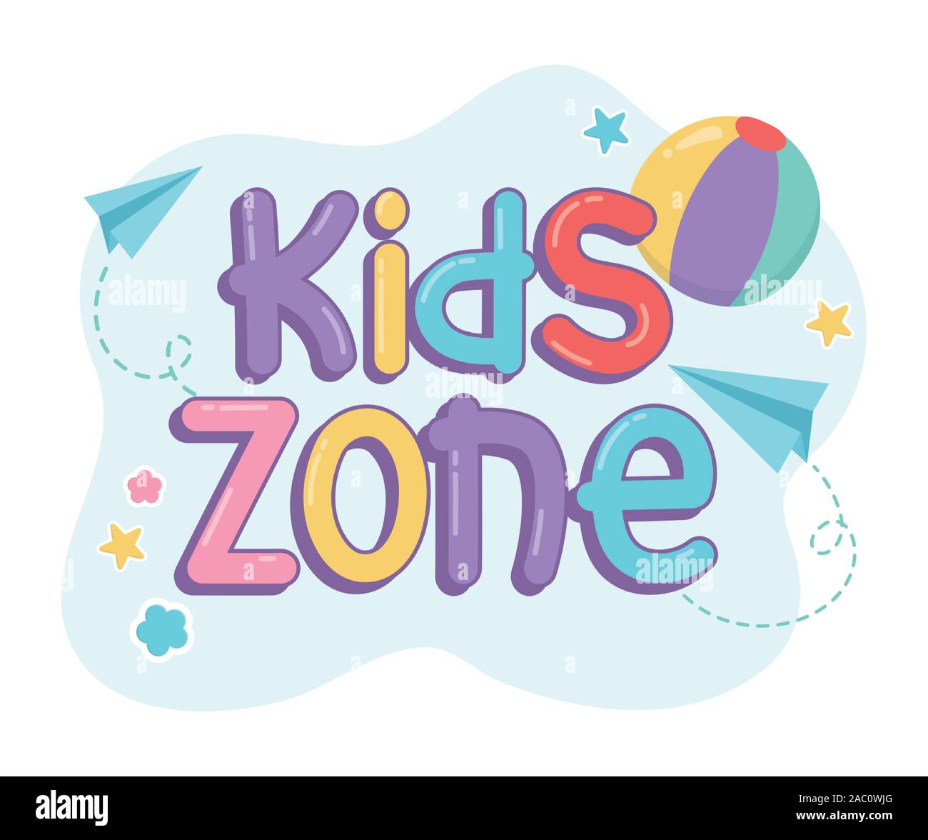 kids zone, rubber ball paper planes creativity font vector illustration ...