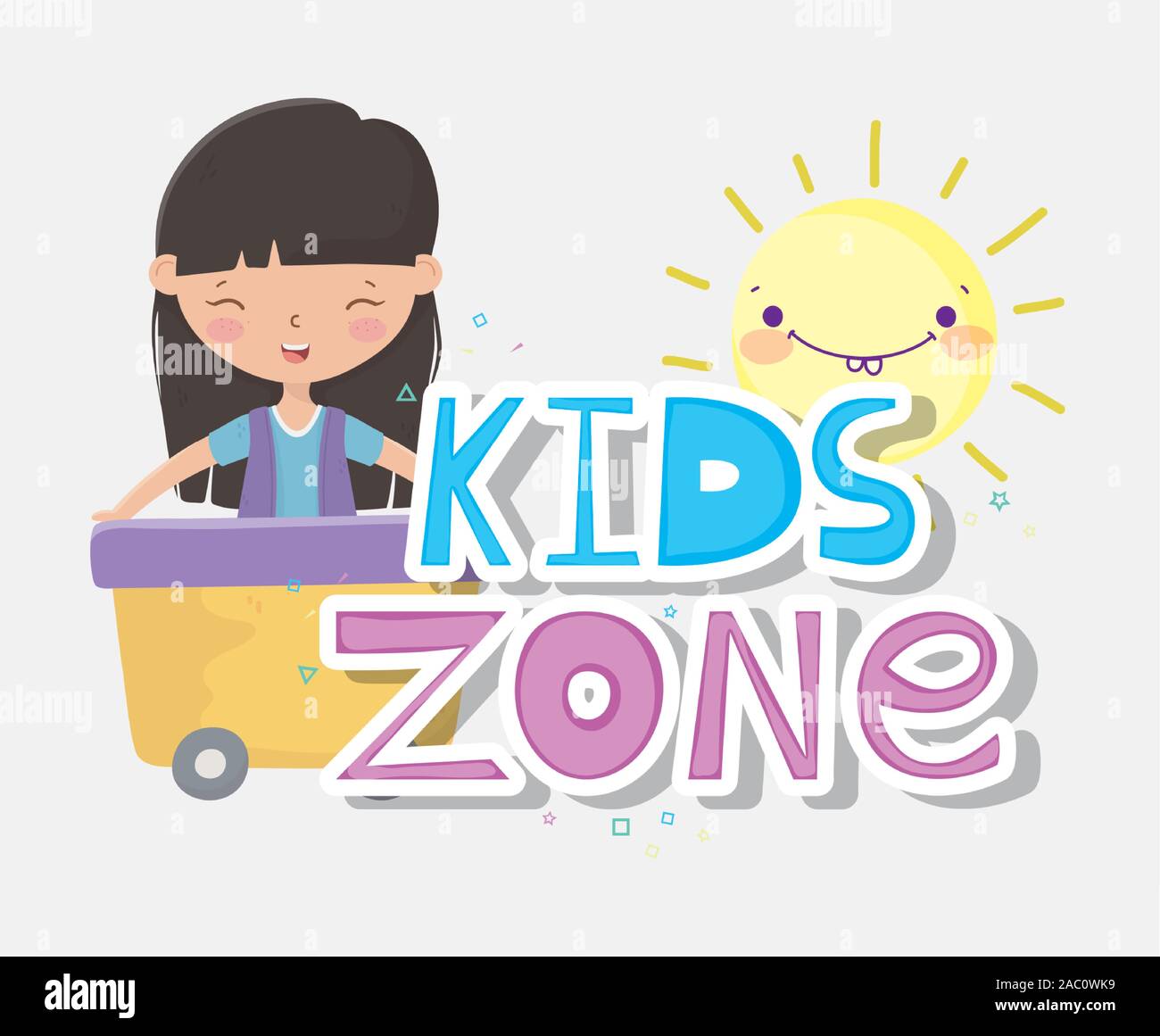 kids zone, cute little girl in wagon with cartoon sun vector illustration Stock Vector