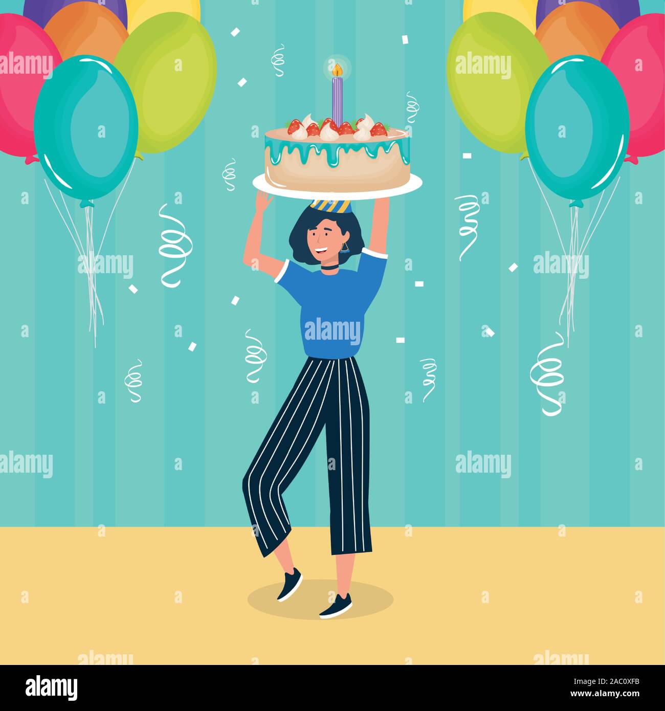happy birthday, woman with cake balloons confetti celebration party event  decoration vector illustration Stock Vector Image & Art - Alamy