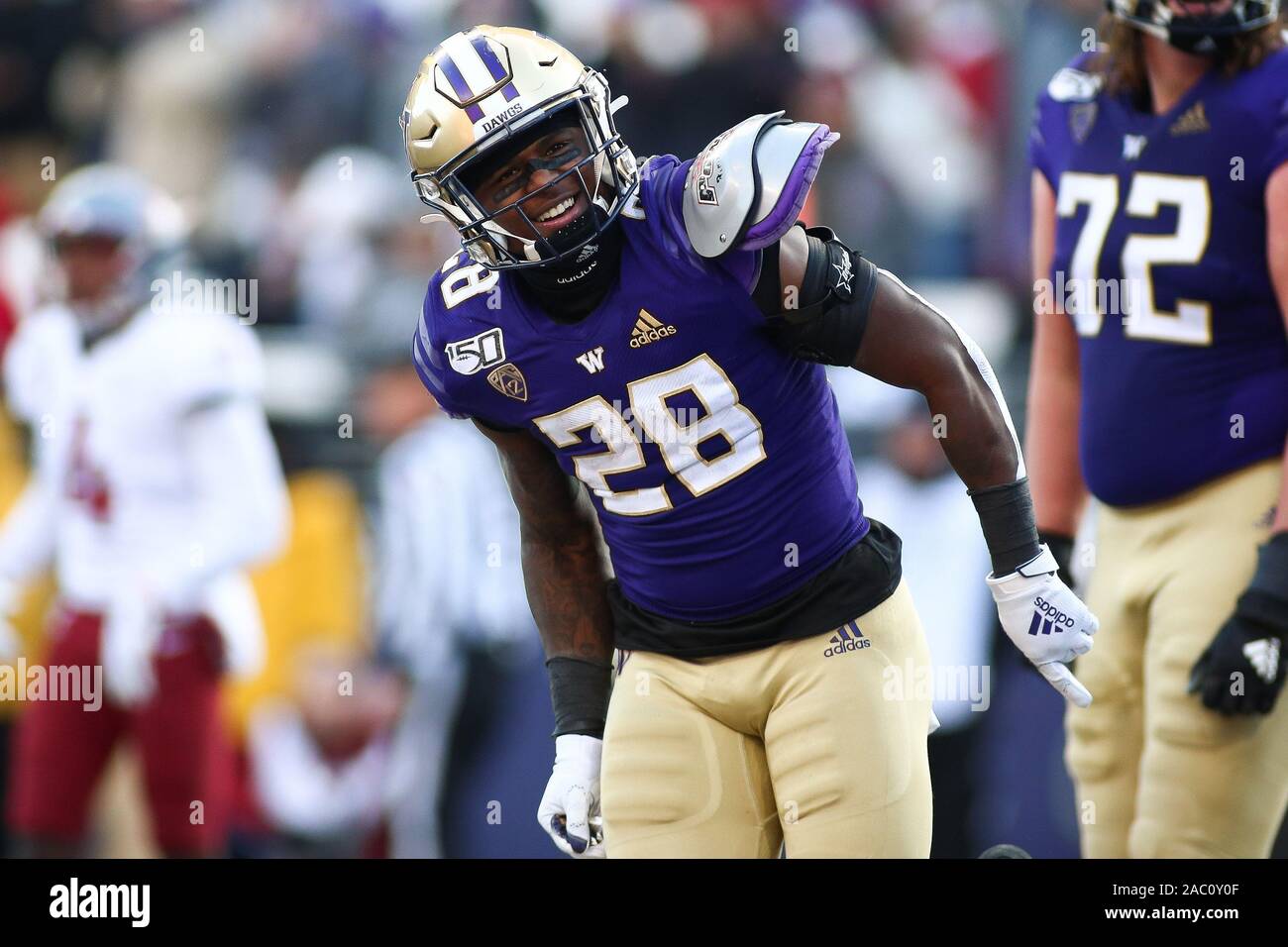 November 29, 2019: Washington Huskies running back Richard Newton (28) celebrates during a game between the Washington State Cougars and Washington Huskies at Husky Stadium in Seattle, WA for the 112th Apple Cup. The Huskies won 31-13 to win their seventh straight Apple Cup. Sean Brown/CSM Stock Photo