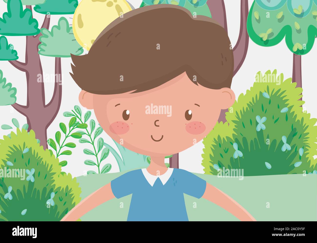 kids zone, cute little boy in the park trees flower sun vector ...