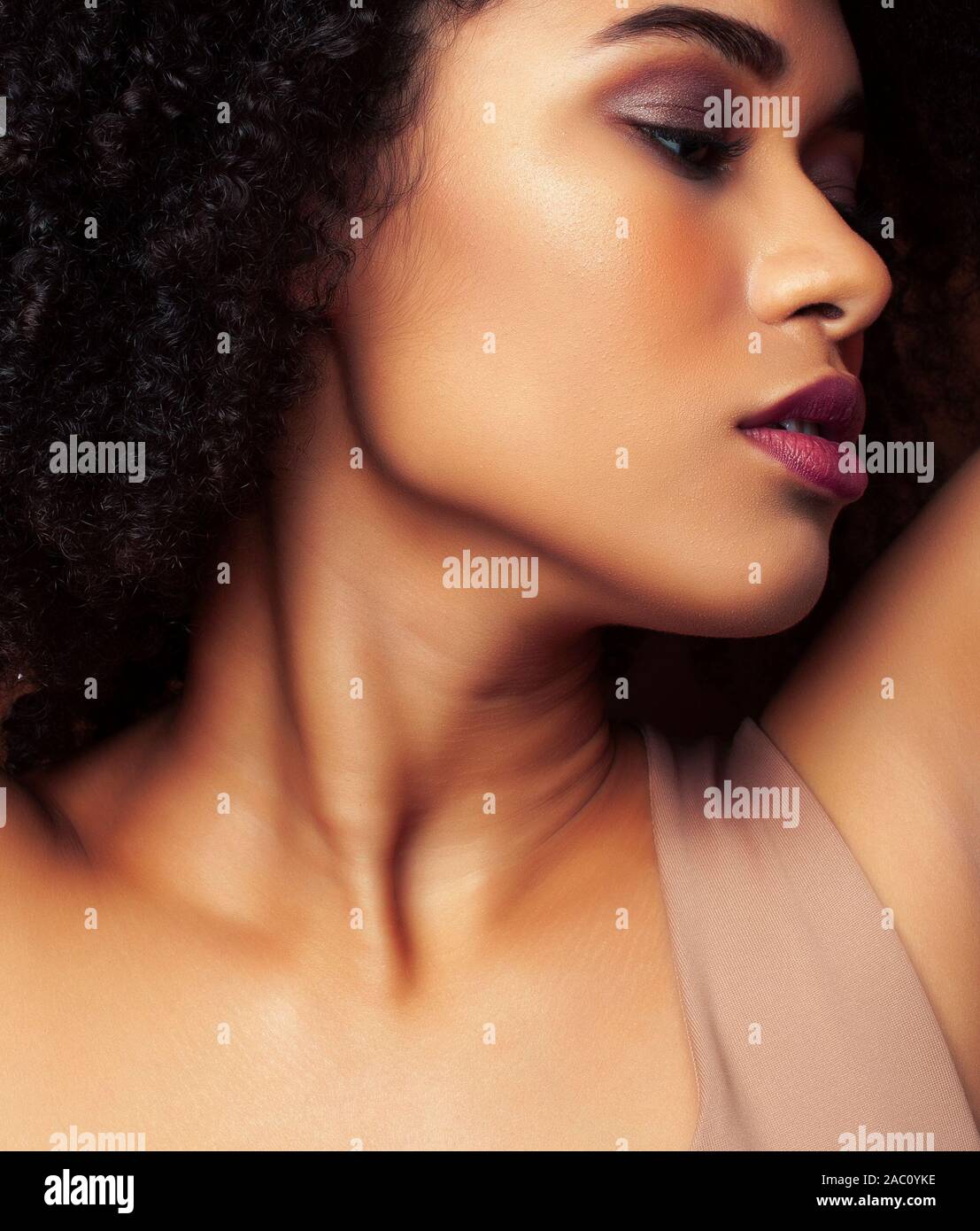 pretty young african american woman with curly hair posing on brown ...