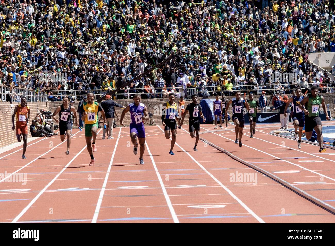 Finish of High School Boys' 4x100 Championship of America at the 2019 Penn Relay . Stock Photo
