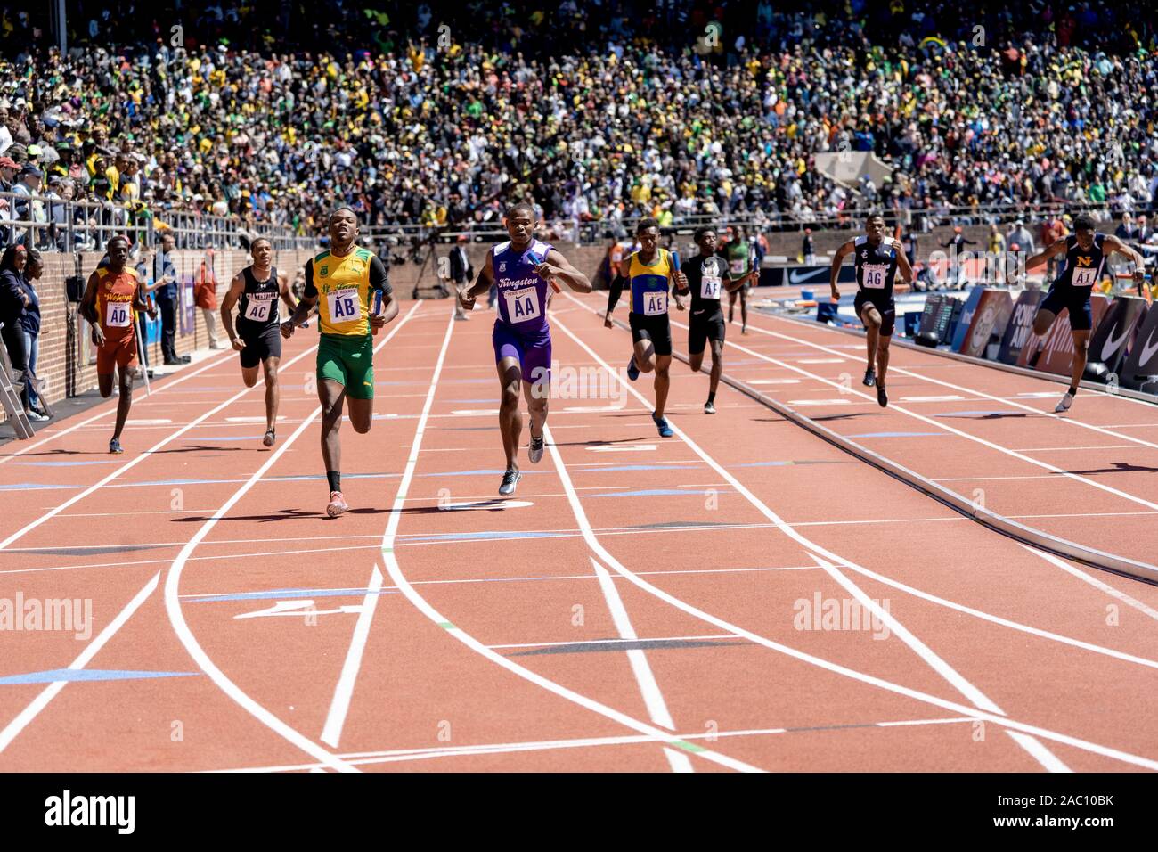 Finish of High School Boys' 4x100 Championship of America at the 2019 Penn Relay . Stock Photo