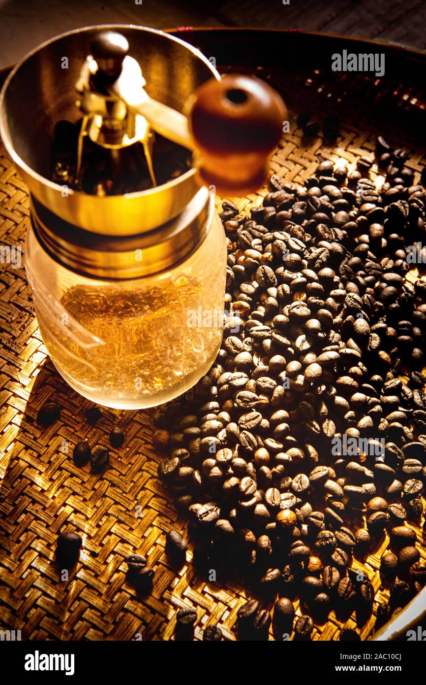 coffee grinder and roasted of coffee bean Stock Photo Alamy