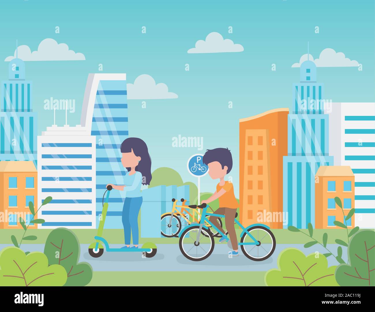 urban ecology woman riding kick scooter and man in bike cityscape park