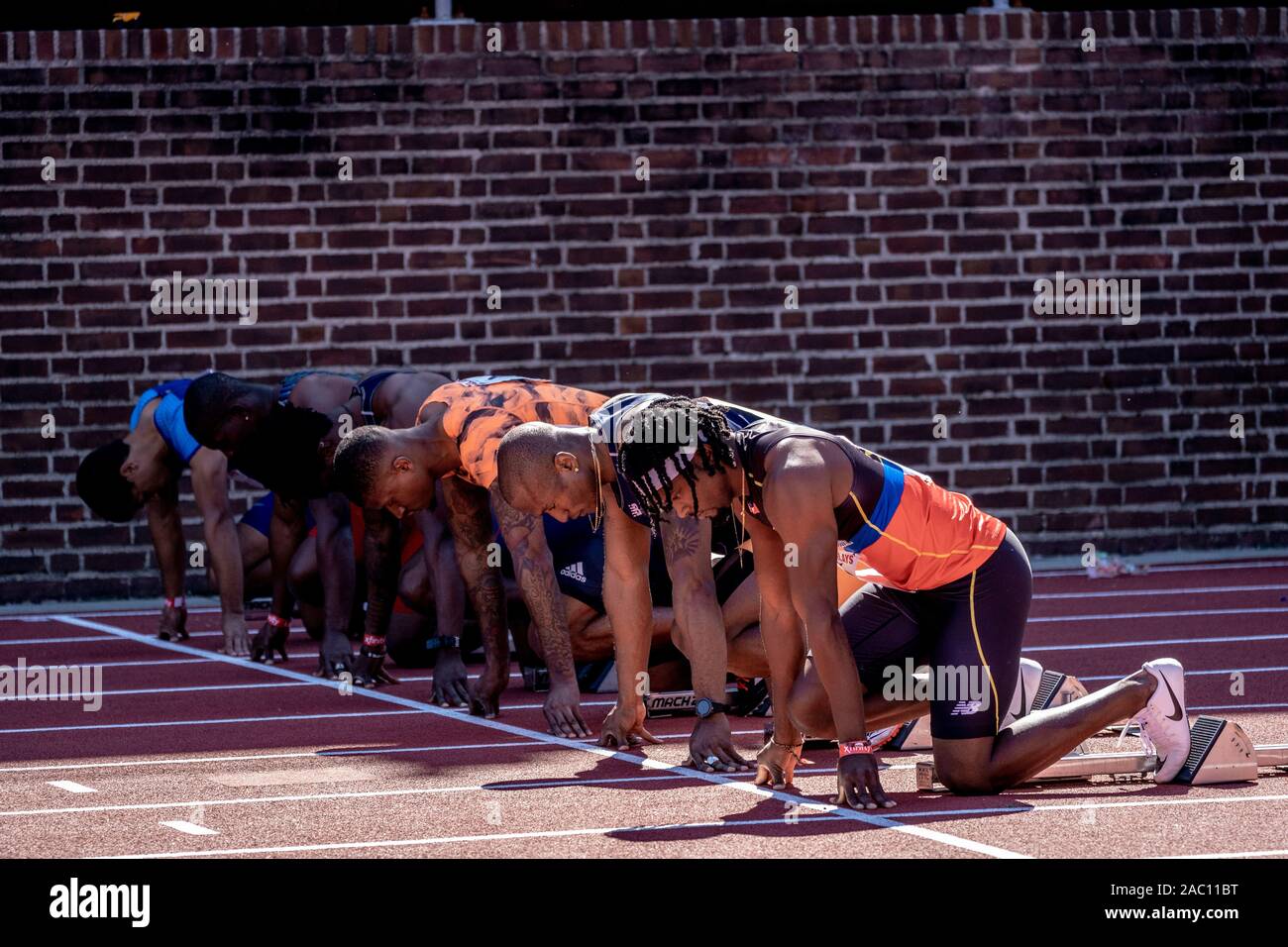 Start of Olympic Development Men's 100m dash at the 2019 Penn Relay