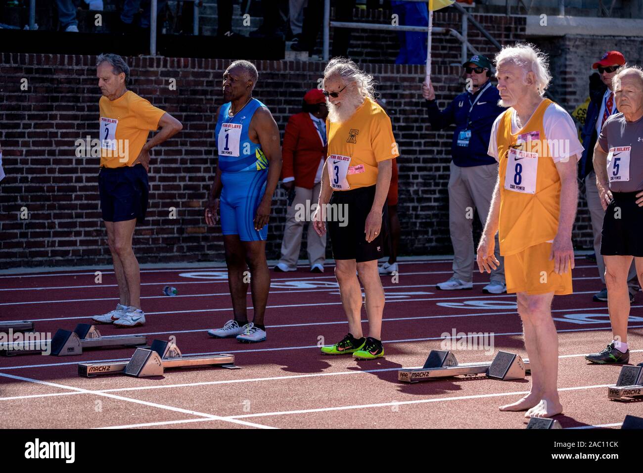 Start Of Masters Men S 100m Dash 75 And Older At The 19 Penn Relay Stock Photo Alamy