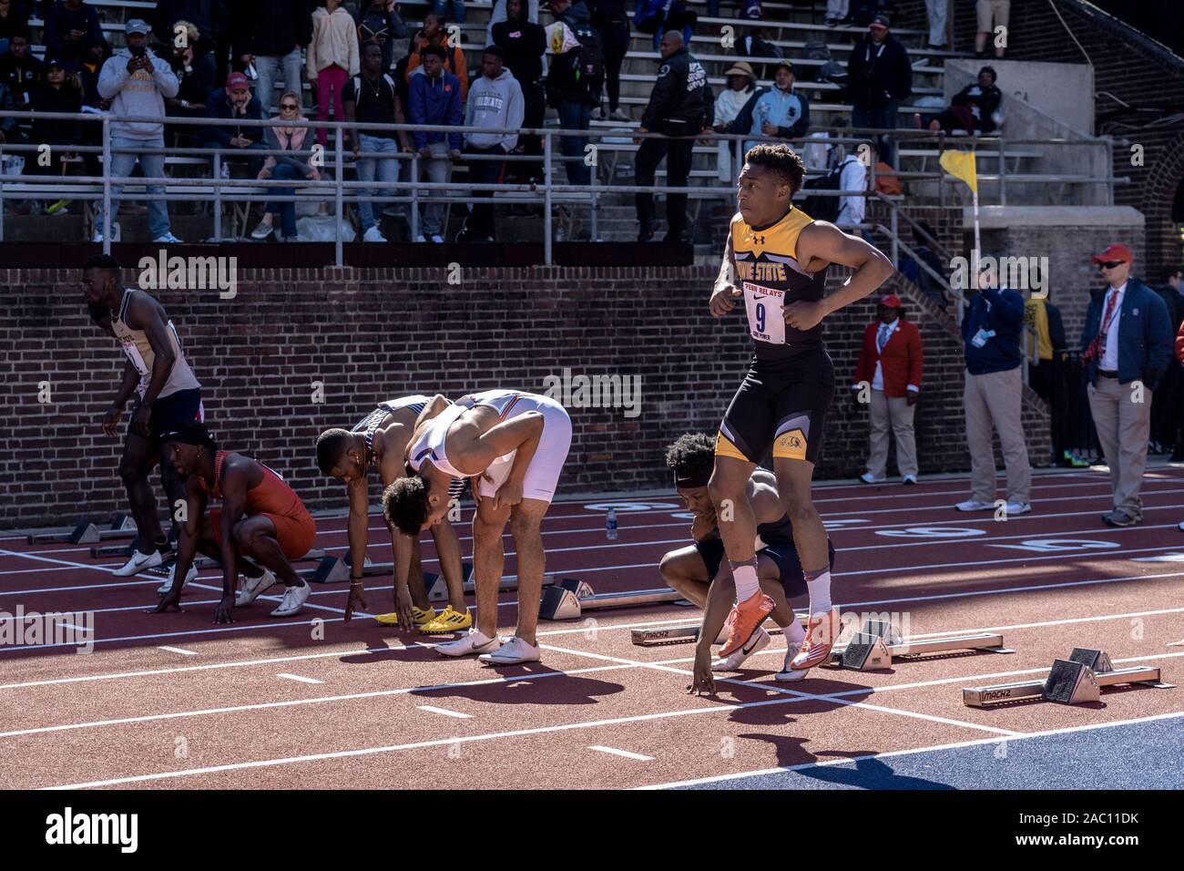 Start of College Men's 100m dash Championship at the 2019 Penn Relay