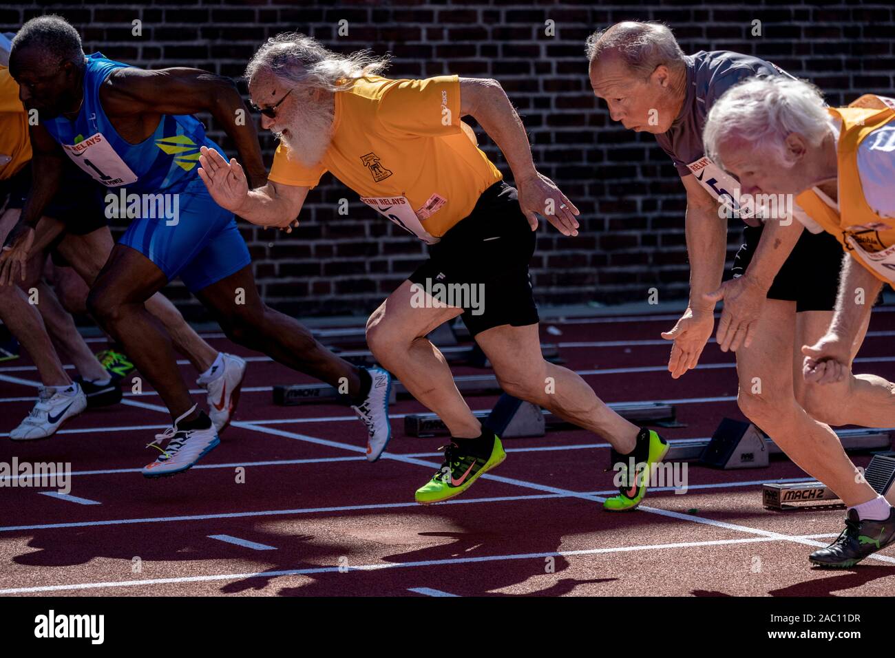Start Of Masters Men S 100m Dash 75 And Older At The 19 Penn Relay Stock Photo Alamy