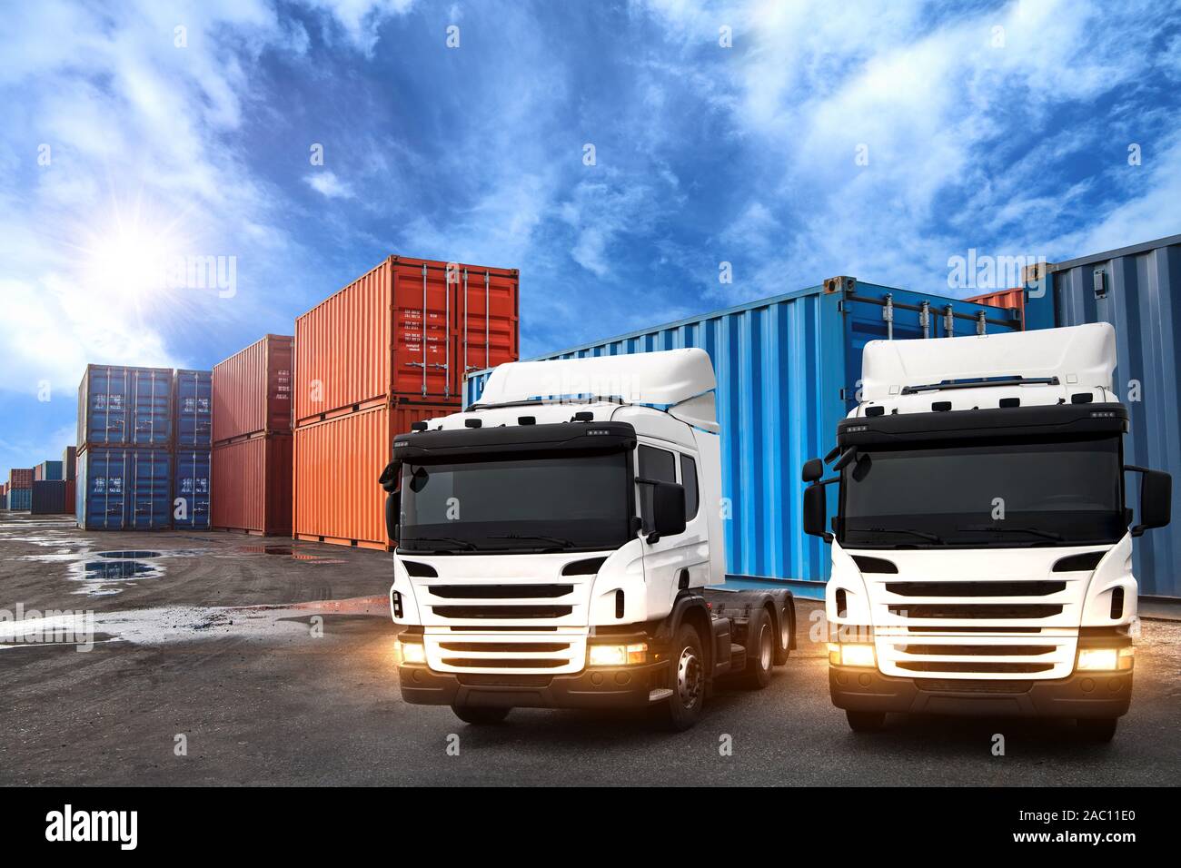 Stack of containers box from Cargo freight ship for importexport at