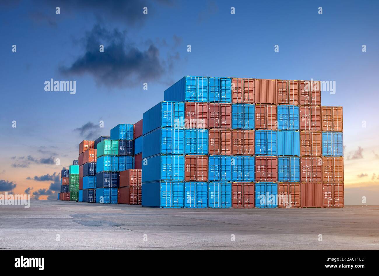 Stack of containers box from Cargo freight ship for importexport at