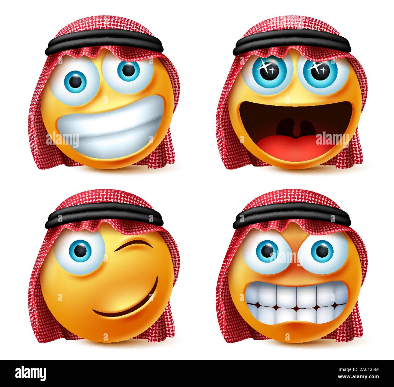 Saudi arab emojis vector set. Saudi arab emoticon or smiley face in excited, angry and naughty expression wearing agal and ghutra isolated in white. Stock Vector