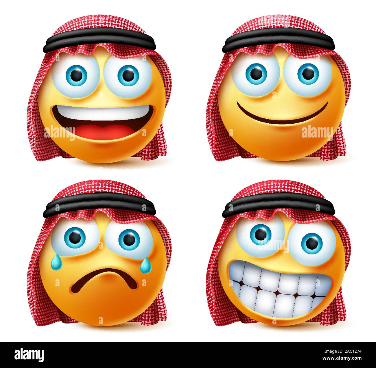 Saudi arab smileys and emoji vector set. Saudi arabian emoticons face in crying, smiling and happy emotion wearing thawb isolated in white background. Stock Vector
