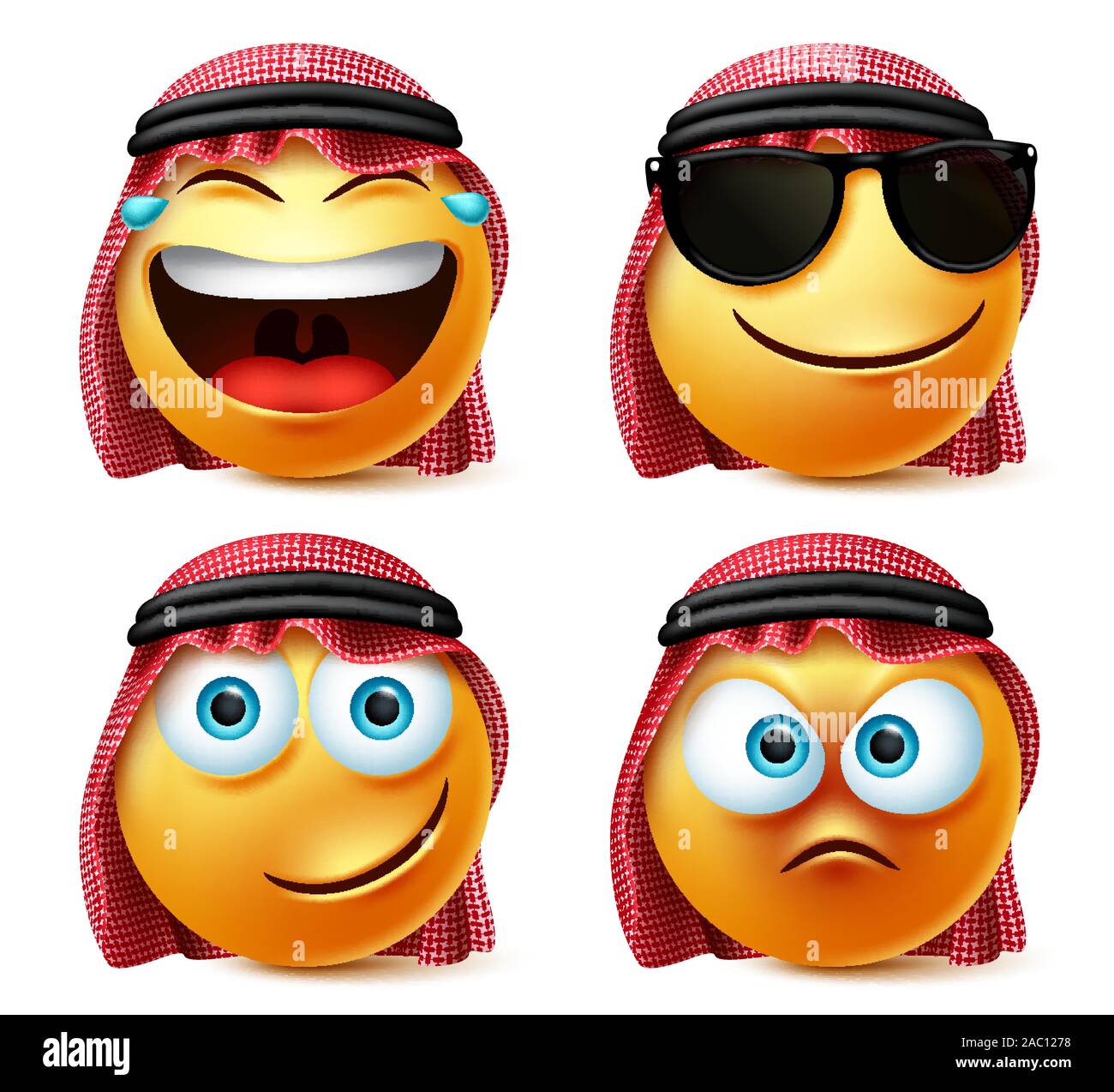 Saudi arab smiley vector set. Emotions or emoji of saudi arabian man face in laughing, naughty and happy facial expression with thobe and glasses. Stock Vector