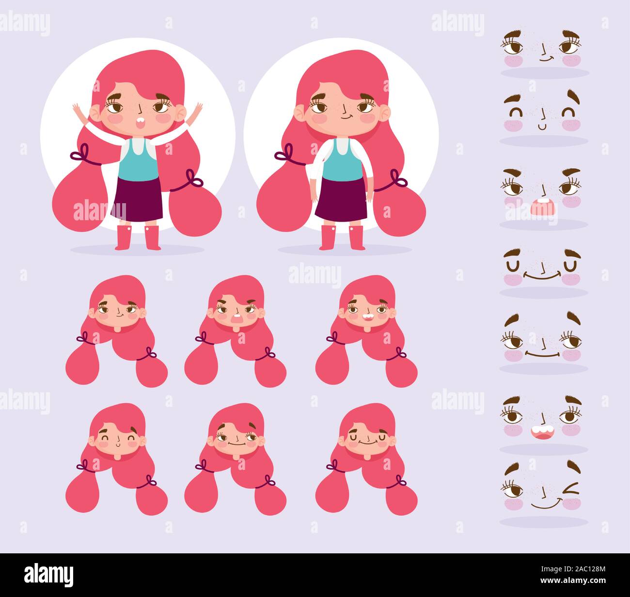 cartoon character animation little girl with ponytails and face gesture