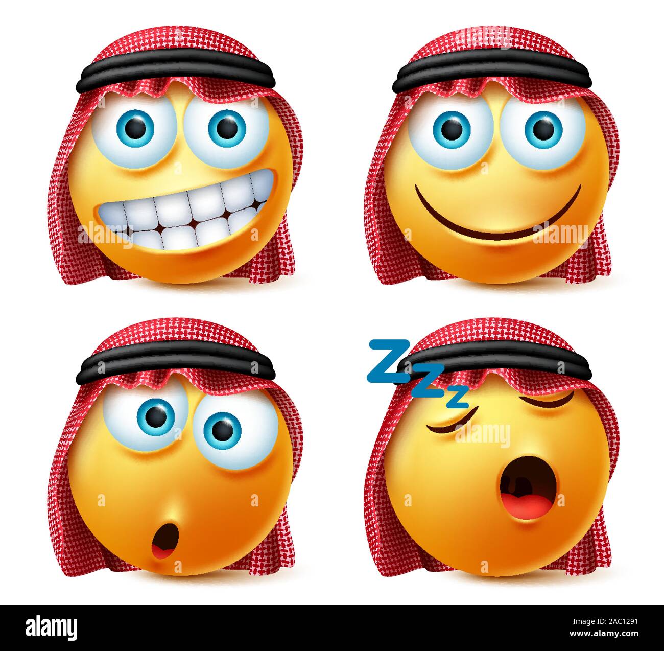 Saudi arab smiley emoticons vector set. Saudi arab smiley face emojis with sleeping, surprise and happy expressions for avatar character collection. Stock Vector