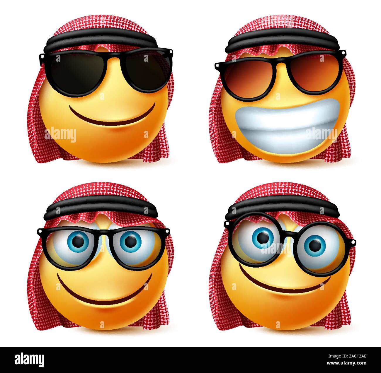 Saudi arab vector smiley glasses emoticon set. Saudi arab smiley face wearing sunglasses and eyeglasses in smiling, joyful and happy facial expression. Stock Vector