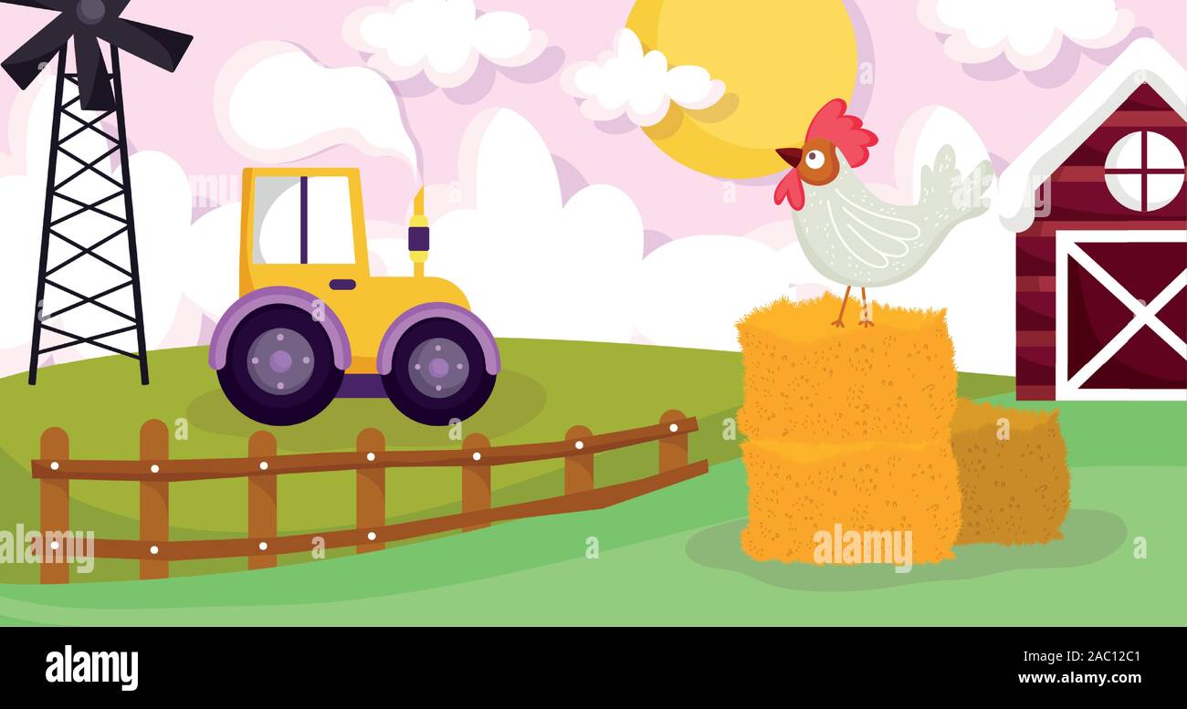 rooster in hay tractor wnidmill barn field farm animals vector ...