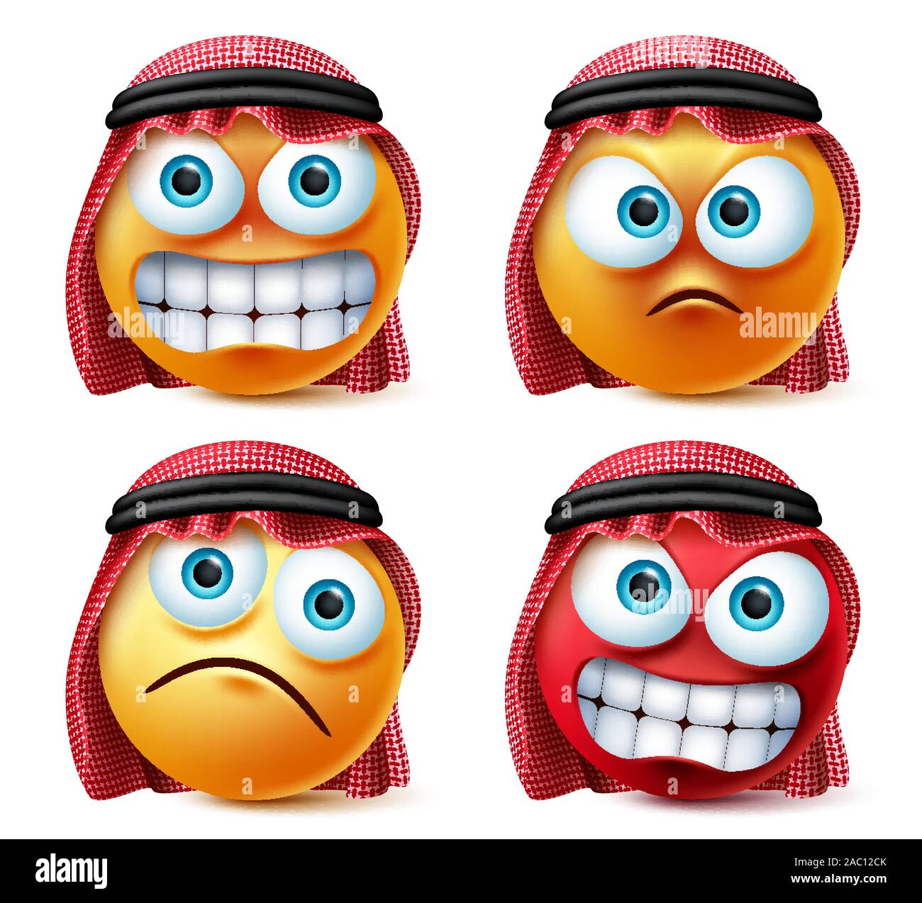 Angry saudi arab smiley emoji and emoticon vector set. Emoticons of saudi arabian wearing thawb in angry, stress and crazy mood isolated. Stock Vector