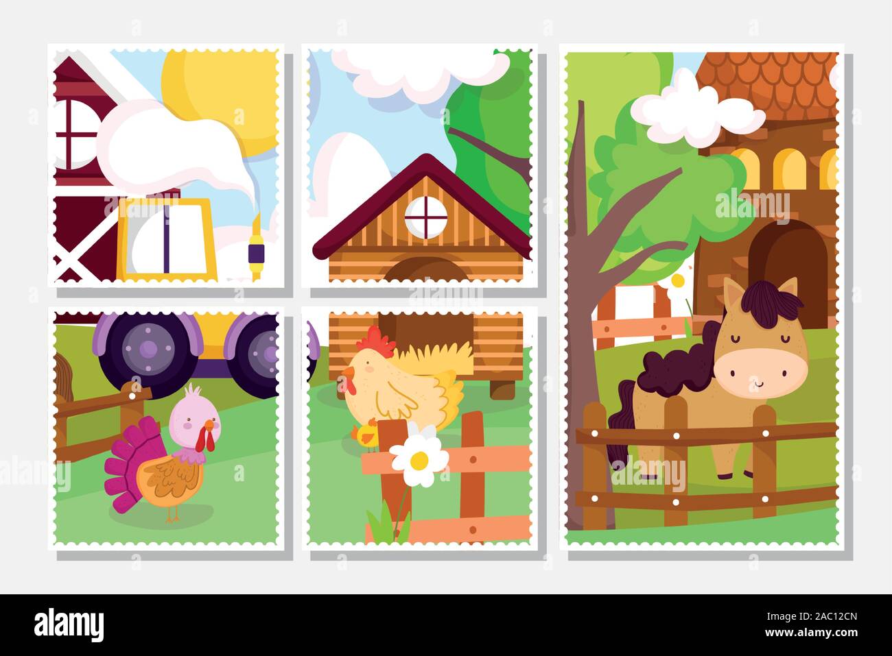 horse hen turkey fence tractor barn house farm animals cards vector  illustration Stock Vector Image & Art - Alamy