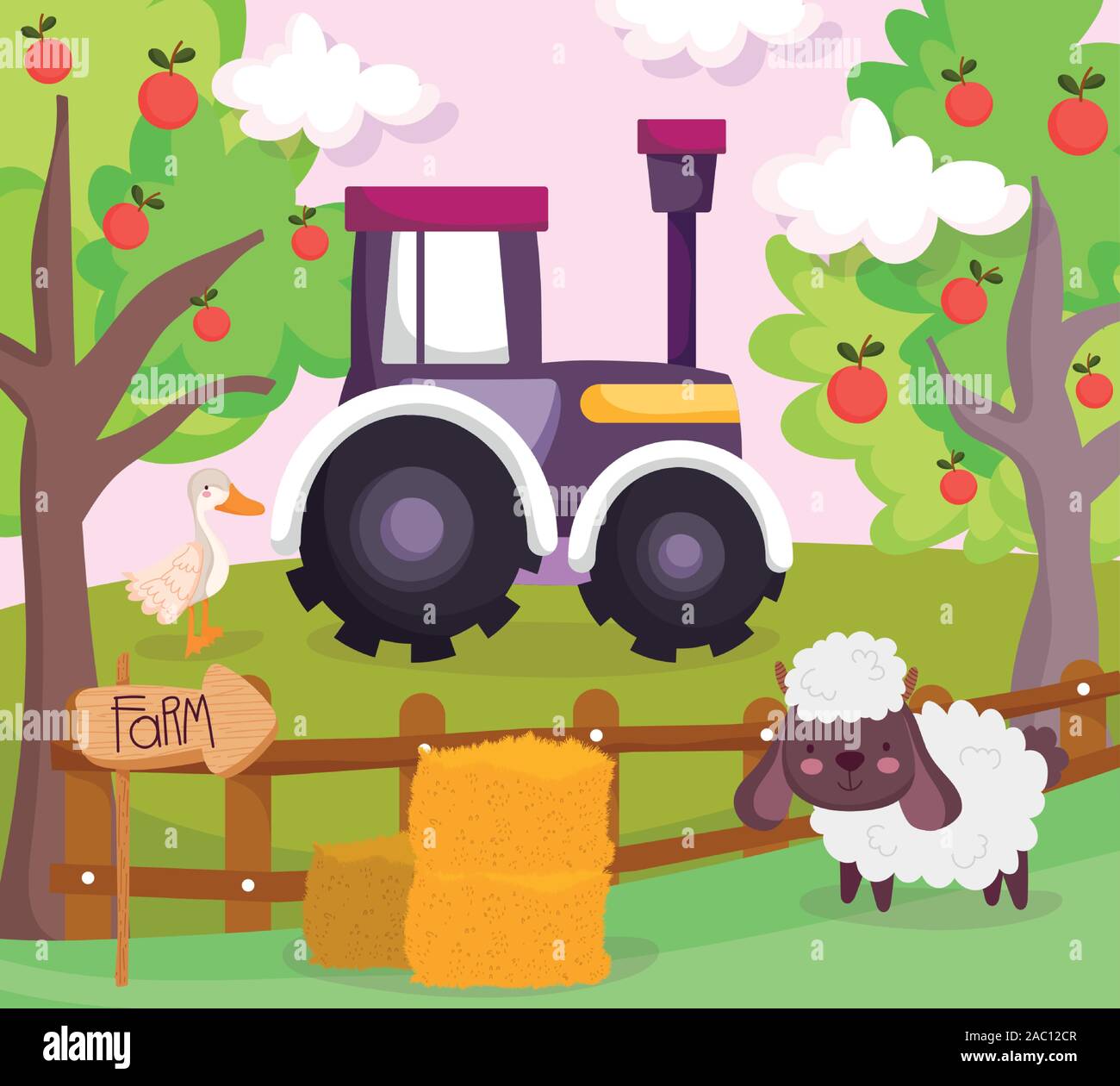 sheep duck tractor fruit trees hay wooden fence farm animals vector ...