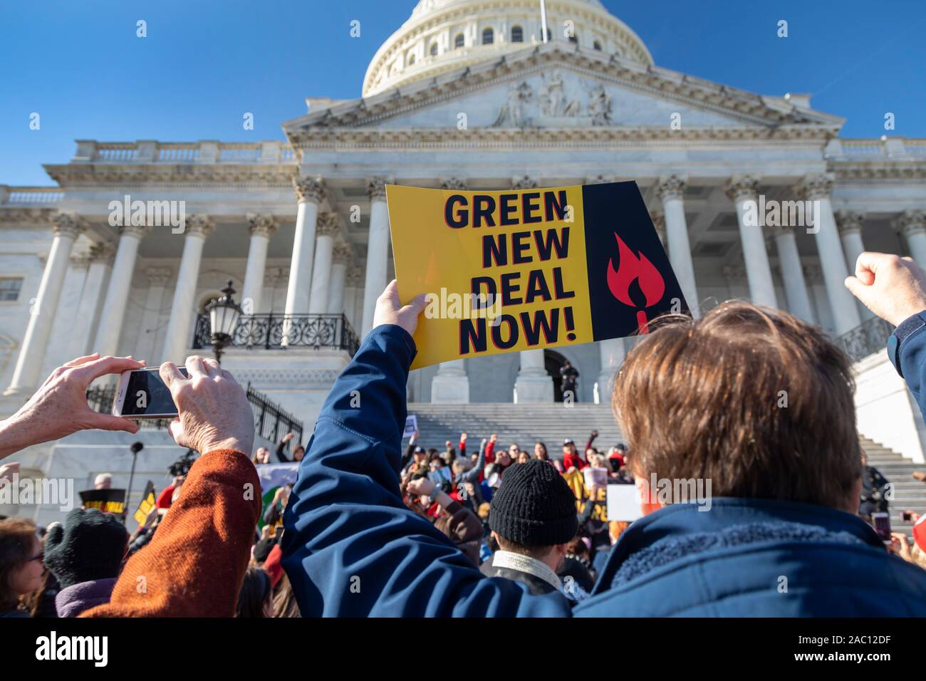 Washington, DC - 29 November 2019 - A rally at the U.S. Capitol, one of a series of weekly 'Fire Drill Fridays' led by Jane Fonda, demanding that political leaders take action on the climate change crisis. Thirty-eight people were arrested when they refused to leave the Capitol steps. Credit: Jim West/Alamy Live News Stock Photo