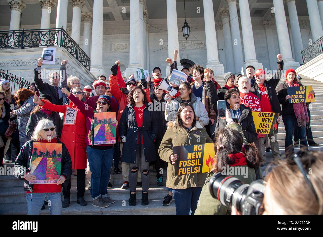 Washington, DC - 29 November 2019 - A rally at the U.S. Capitol, one of a series of weekly 'Fire Drill Fridays' led by Jane Fonda, demanding that political leaders take action on the climate change crisis. Thirty-eight people were arrested when they refused to leave the Capitol steps. Credit: Jim West/Alamy Live News Stock Photo